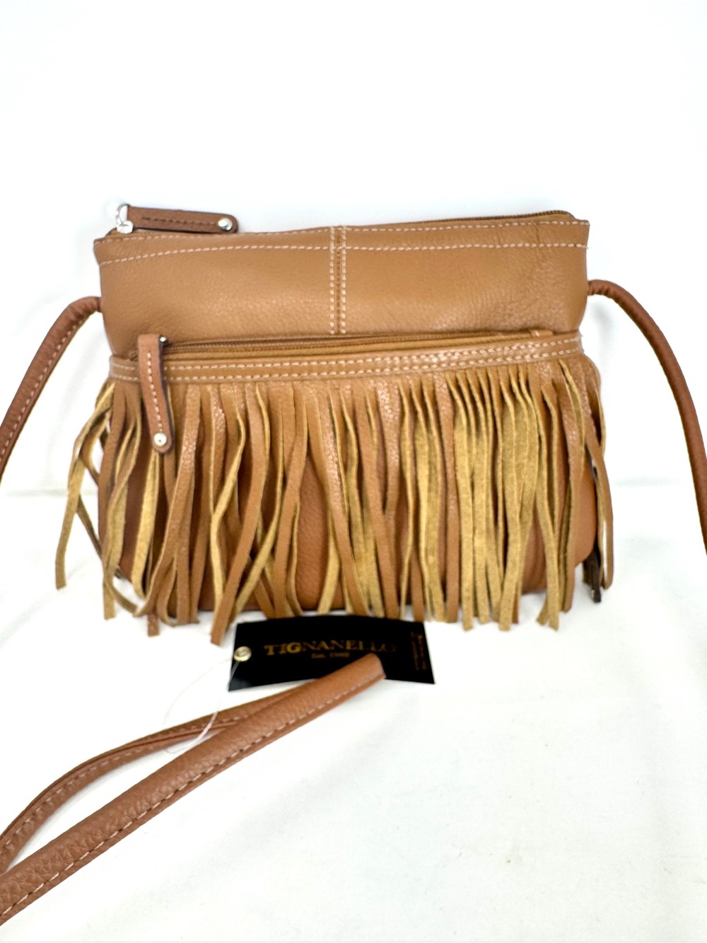 NWT Tignanello Tan Pebbled Leather Fringe Crossbody Bag Boho Tassel Messenger